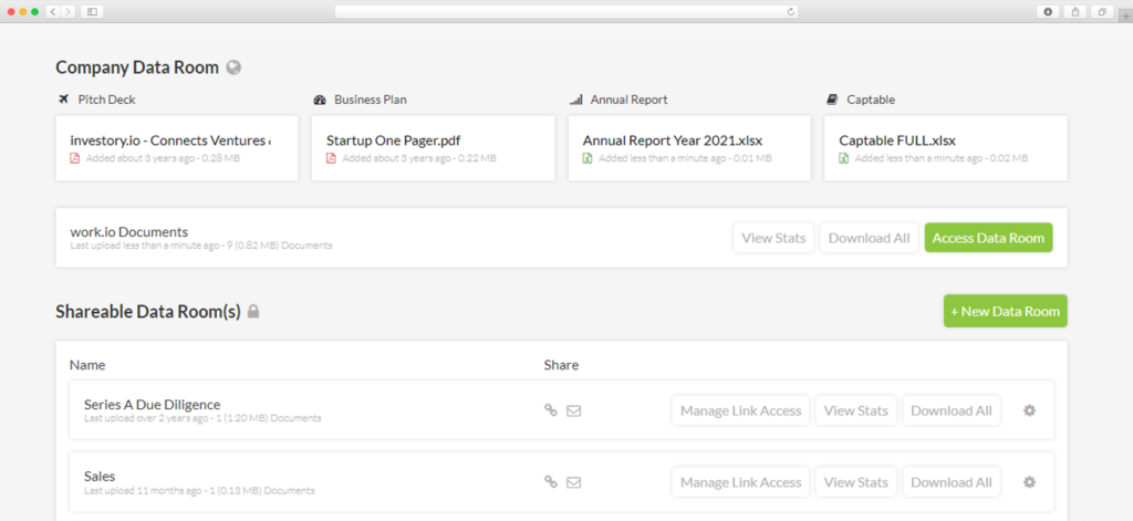 Startup Data Room Investory